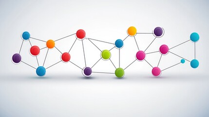 Abstract colorful network with connected dots and lines on a light background.