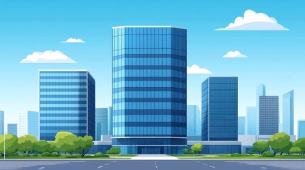 Fototapeta premium A cartoon illustration of a modern city skyline with tall glass buildings, a blue sky, and green trees in the foreground.