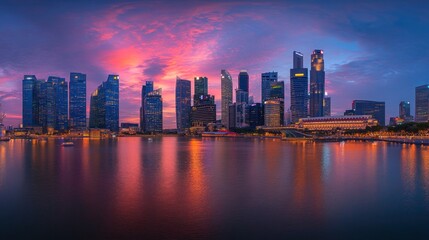 Fototapeta premium A panoramic view of a modern city skyline at sunset with reflections in the water.