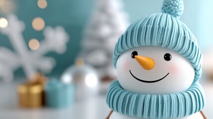 The image features a cheerful snowman adorned with a soft blue hat and scarf, radiating joy. In the background, a blurred snowy tree and gift boxes en