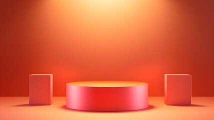
Realistic 3D orange cylindrical podium background with cube pedestal, Clean empty wall scene. Minimal mockup or abstract product display presentation, Stage showcase. Platforms vector geometric desig