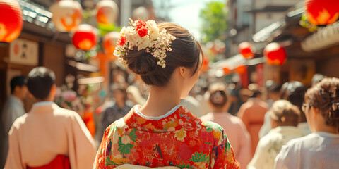 Obraz premium Woman in Traditional Japanese Kimono with Floral Hair Ornament Walking Through a Street Decorated with Red Lanterns