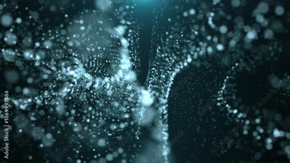 Poster abstract glowing wave from of particles and dots moves on a blue background, big data visualization,