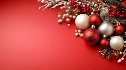This vibrant composition showcases an array of Christmas ornaments, including red, white, and glittering gold balls, adorned with pine and berries. Th