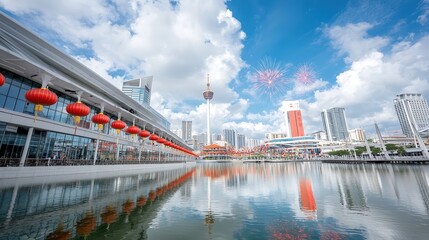 Fototapeta premium A serene urban landscape during Chinese New Year, showcasing red lanterns adorning modern buildings. The image captures the festive atmosphere with fireworks in the background and colorful street