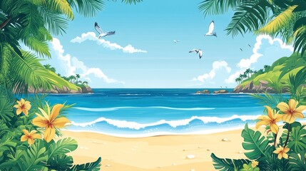 A tropical beach scene with palm trees, blue sky, and white clouds.