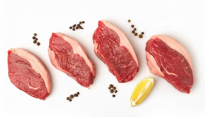 Fresh raw beef steaks with lemon and peppercorns on white background
