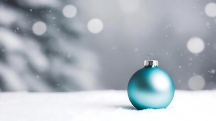 A blue Christmas ornament rests on snow, surrounded by softly blurred, snow-specked bokeh lights, evoking a serene winter atmosphere.