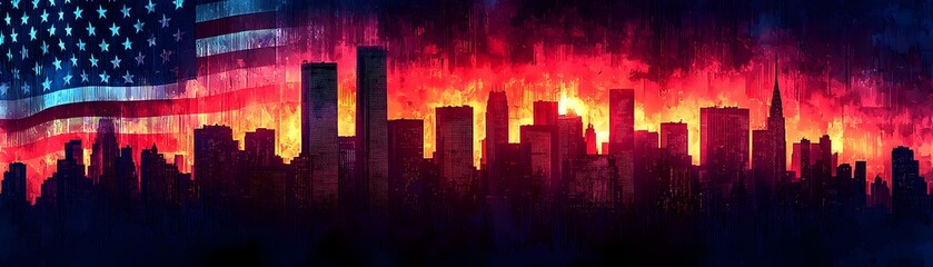 Urban Skyline with Dramatic Red and Blue Contrast