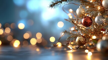 Fototapeta premium The image showcases a beautifully adorned Christmas tree branch adorned with shiny ornaments of various colors. The background features a softly lit a