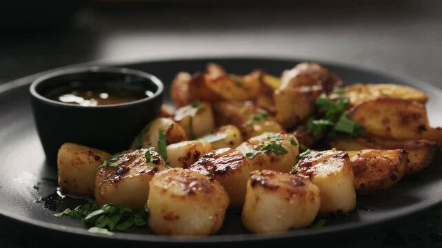 focus pull of scallops with baked potatoes on black plate