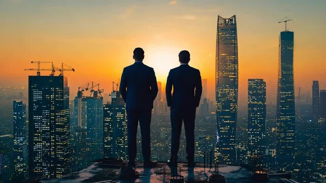 Foundations of prosperity: businessmen with urban construction, reflecting strategic investments, financial expansion, promise of growth; emblem business opportunity, economic advancement