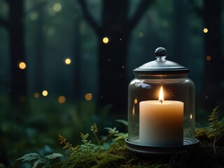 Cozy White Candle in Dark Green Autumn Forest with Fireflies, Fog, Bokeh, and Herbal Smoke