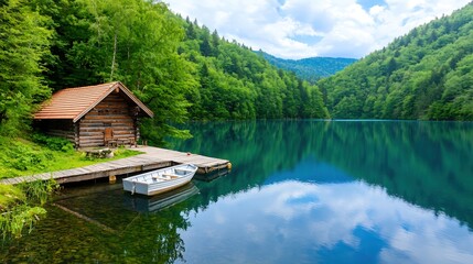 Fototapeta premium A cozy lakeside lodge surrounded by lush greenery, complete with a wooden dock and a small rowboat gently floating on the water. The reflection of the trees in the calm lake adds to the tranquil