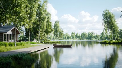 Fototapeta premium A cozy lakeside lodge surrounded by lush greenery, complete with a wooden dock and a small rowboat gently floating on the water. The reflection of the trees in the calm lake adds to the tranquil