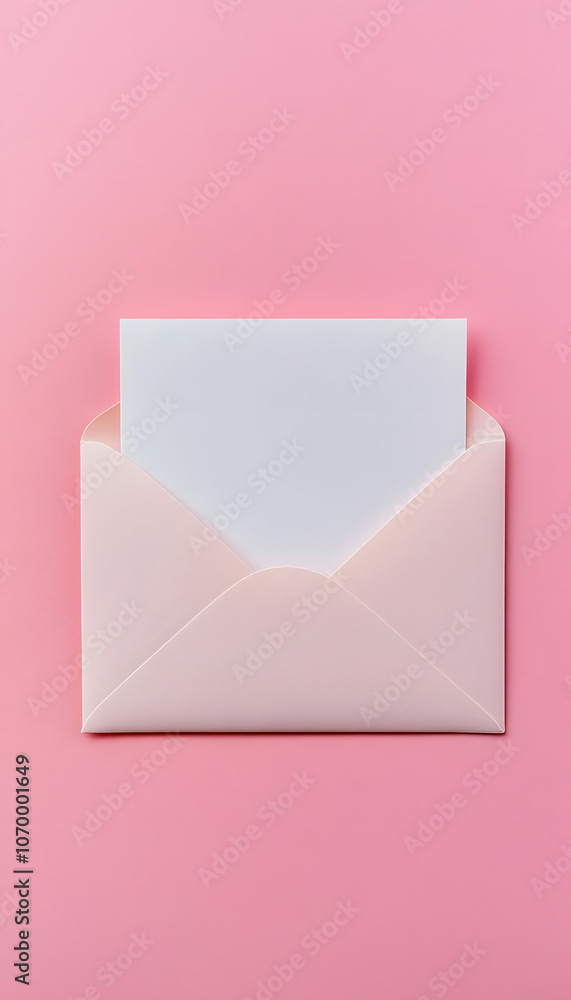 Poster stylish open envelope with a blank card on pink background.