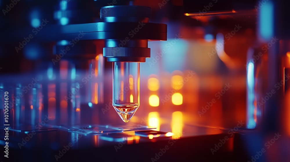 Poster a microscope focusing on a specimen slide in a high-tech laboratory during a research session at twi