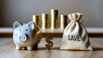 Financial Savings and Investment with Piggy Bank and Money Bag