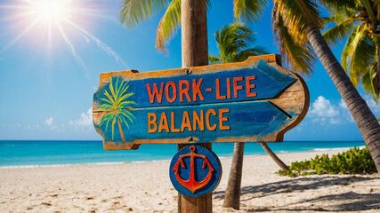 Work-Life Balance Signpost on a Sunny Tropical Beach