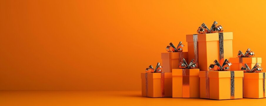 A vibrant display of stacked orange gift boxes adorned with colorful bows against a solid orange background.