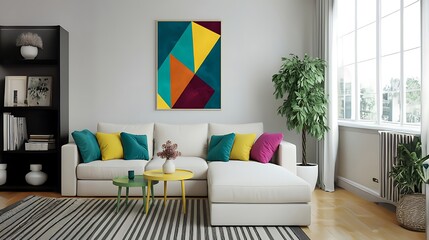 Modern Living room Concept . Minimalist interior design of modern living room with white sofa with colorful pillows at abstract Background .