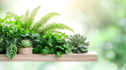 A lush arrangement of vibrant indoor plants, including ferns and succulents, displayed on a sleek wooden shelf against a softly blurred background. The natural light highlights the rich greens and