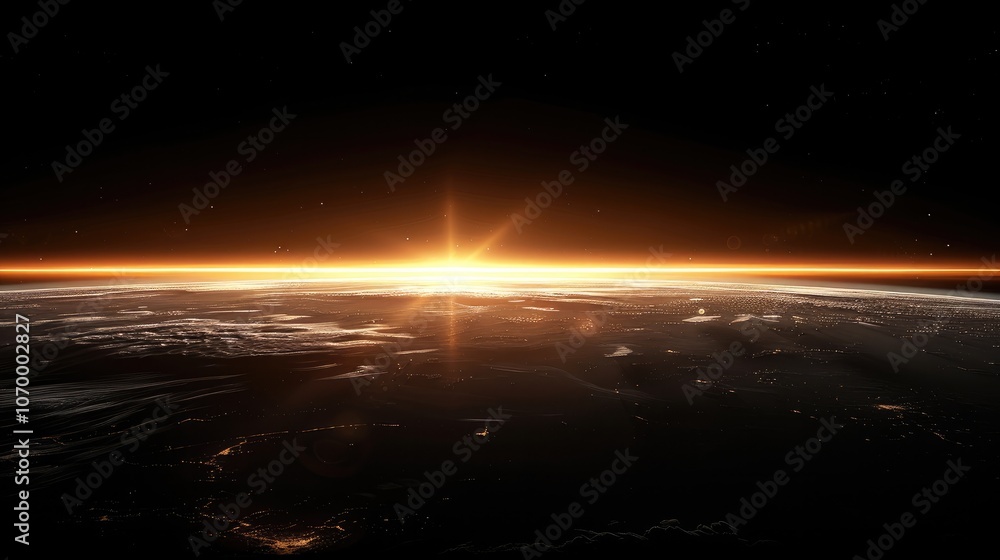 Poster a dark screen with a thin line of light gradually appearing on the horizon, representing the first l