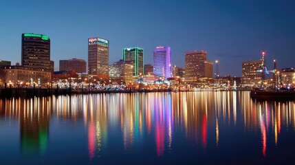 Obraz premium Colorful Skyline Reflection on Water at Night in a Vibrant City Generative AI