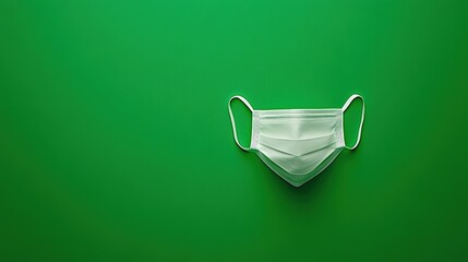 A minimalist image of a surgical mask isolated against a solid green background. The vibrant green backdrop highlights the clean and functional design of the mask, with no distractions