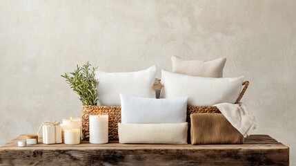 An elegant home decor gift basket filled with artisanal candles, decorative pillows, and luxury throw blankets. Arranged on a rustic wooden table, it showcases the textures, while a soft-focus
