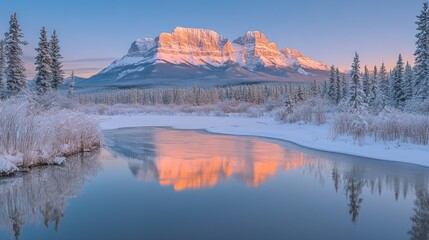 Fototapeta premium A majestic mountain peak reflects in a frozen river at sunrise, with snow-covered trees in the foreground.