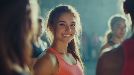 Smiling fitness trainer demonstrating exercises to a group of people working out in a gym. AI generated