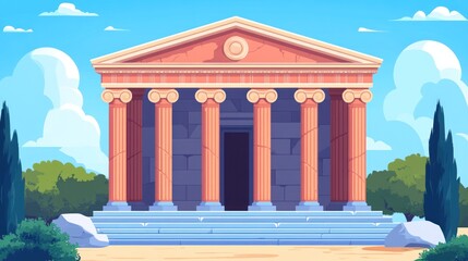 Obraz premium Ancient Greek temple with six columns, a pediment, and steps leading to the entrance. The temple is set against a blue sky with white clouds and green trees on either side.