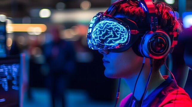 A person at a tech expo trying out a brain-computer interface device