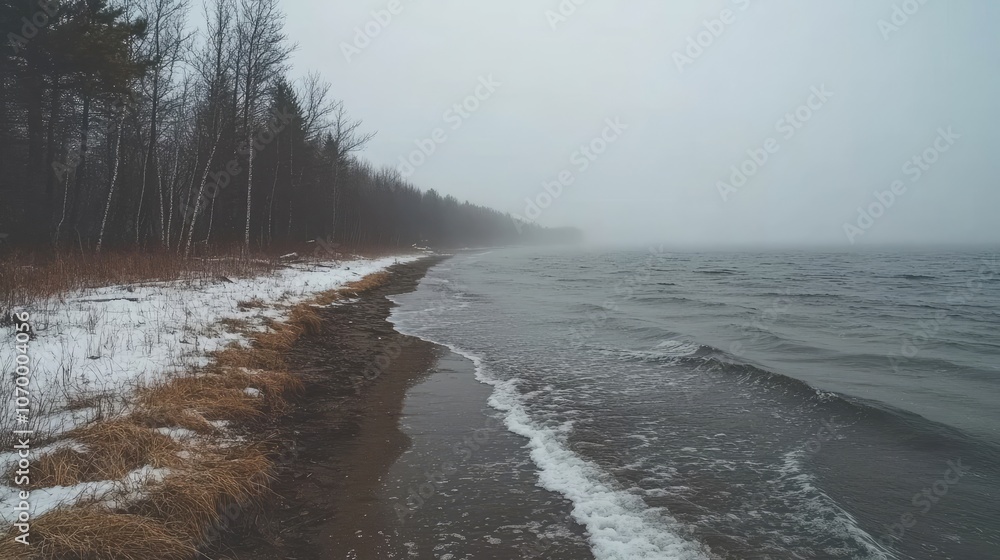 Poster foggy lakeside view with soft waves and snow on the shore generative ai