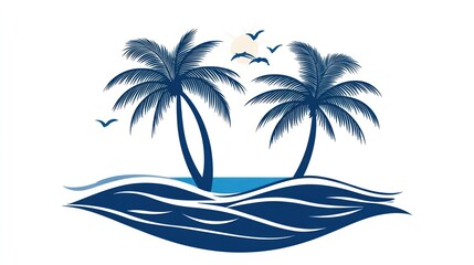 Two palm trees with a blue sky and ocean.