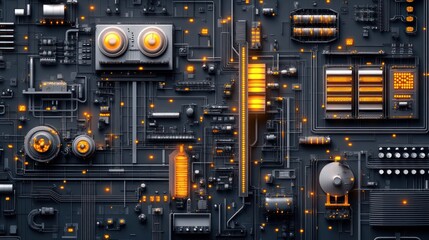 Fototapeta premium Close-up of a futuristic circuit board with glowing orange lights and various components.