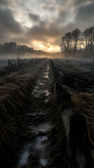 Obraz premium A Wooden Fence Extends Through A Frosty Field Towards A Misty Sunrise