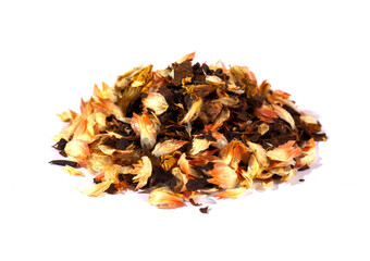 Pile of aromatic herbal tea. Dry herbal tea isolated on a white background. Tea party concept. medicinal herbs.