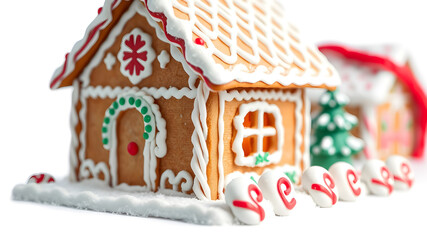 Cute gingerbread house with icing details and a snowy roof, isolated on white. Generative AI