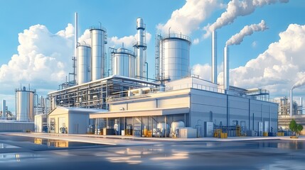 A large industrial complex with smokestacks emitting smoke into the air.