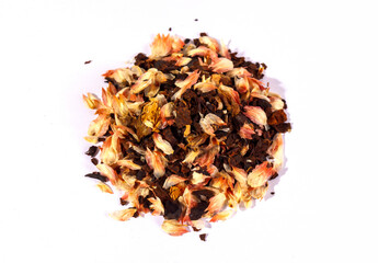 Pile of aromatic herbal tea. Dry herbal tea isolated on a white background. Tea party concept. medicinal herbs.