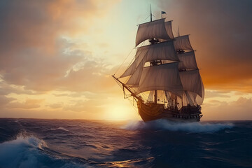 Fototapeta premium Sunset Sail on Rough Seas with Vintage Pirate Ship blue background