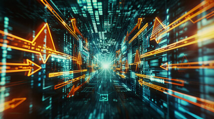 Fototapeta premium Digital concept art of a glowing data tunnel with directional arrows and financial metrics, symbolizing technology, analytics, and information flow
