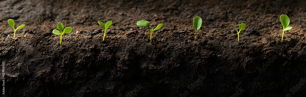 Poster Small green sprouts in the ground. Seedlings for transplanting into fertile soil for organic farming and symbols for a new start in growing something. Planting seedlings of green plants in open ground