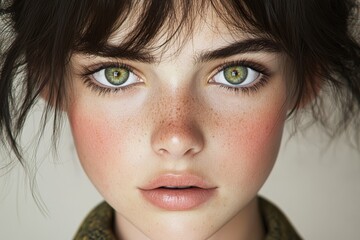 Fototapeta premium Close-up of a young woman with striking green eyes, freckles, and soft makeup, Ideal for beauty, skincare, or fashion campaigns, showcasing natural beauty and authenticity,
