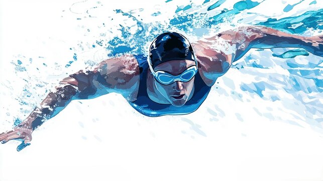 "A focused swimmer reaches forward, ready to dive into the pool, with splashes of water against a white background." --ar 16:9 --v 6.1 Job ID: 99a91fc9-e762-4432-8213-c10f335a72ec
