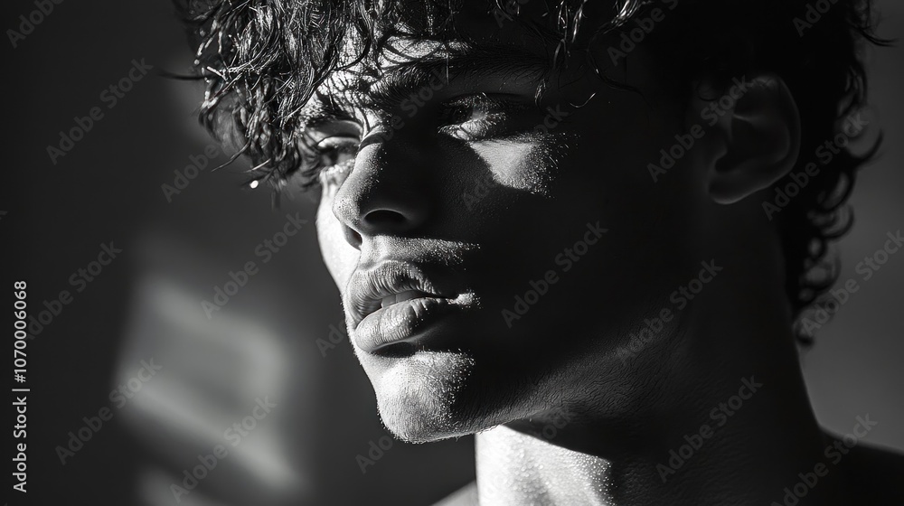 Poster a black and white image of a young man in split lighting creates an intense and mysterious atmospher