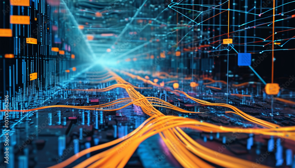 Poster cyber big data flow. blockchain data fields. network line connect stream. concept of ai technology, 
