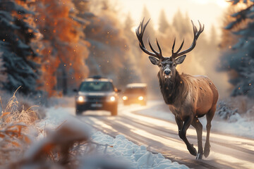 Stag on the country road with incoming vehicle